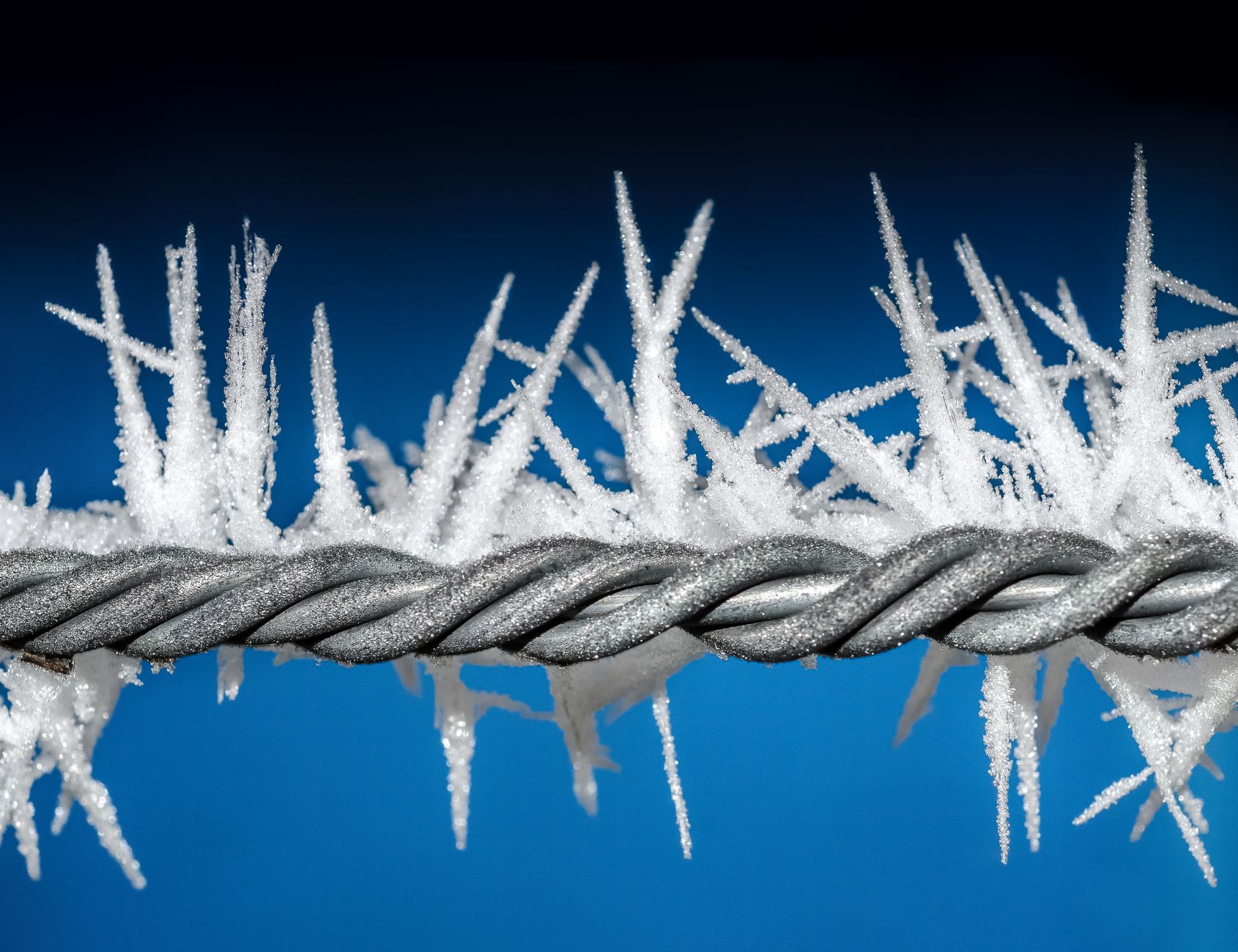 Macro shot of frost-covered metal wire with ice crystals against a blue sky.