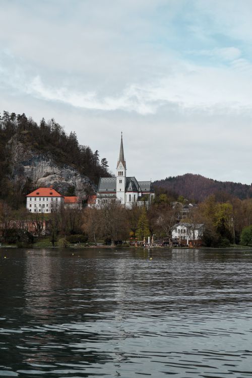 Free Charming view of Bled's iconic church by the tranquil lake, surrounded by lush greenery and serene mountains. Stock Photo