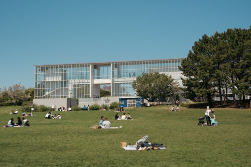 Free People enjoying a picnic on a sunny day outside a modern building in Tokyo, Japan. Stock Photo