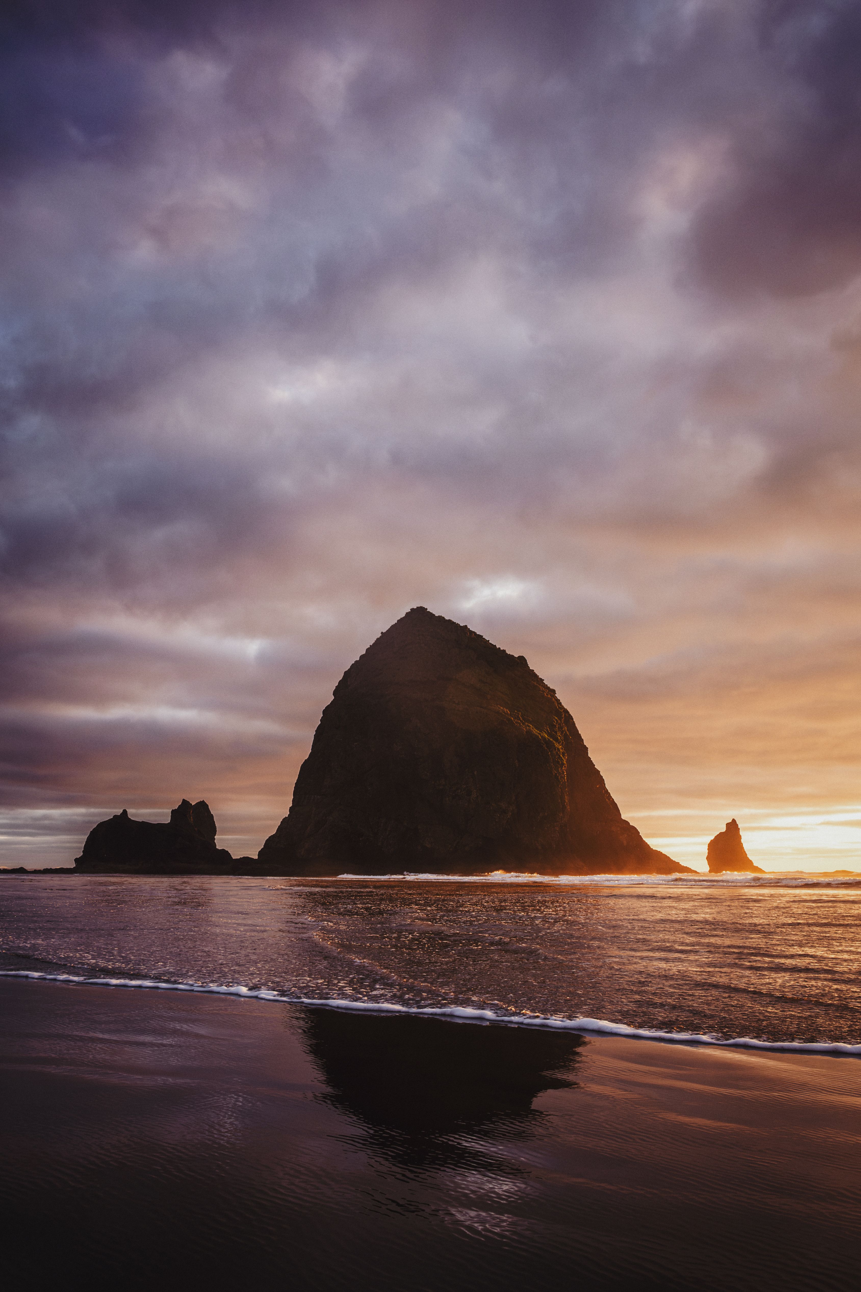 Haystack Rock at sunset on Cannon Beach Oregon