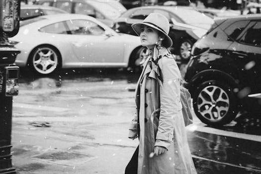 一个女人穿着外套走在一条下雪的街道上，旁边有老式汽车，这是一张黑白照片