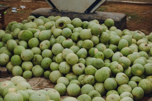 A large pile of green melons displayed outdoors at a market, ready for sale.