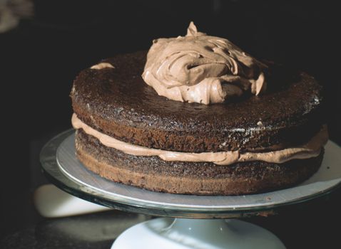 Decadent chocolate layer cake with rich frosting on display. Ideal for dessert lovers.