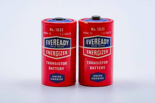 Close-up of two vintage Eveready Energizer transistor batteries on a white background.