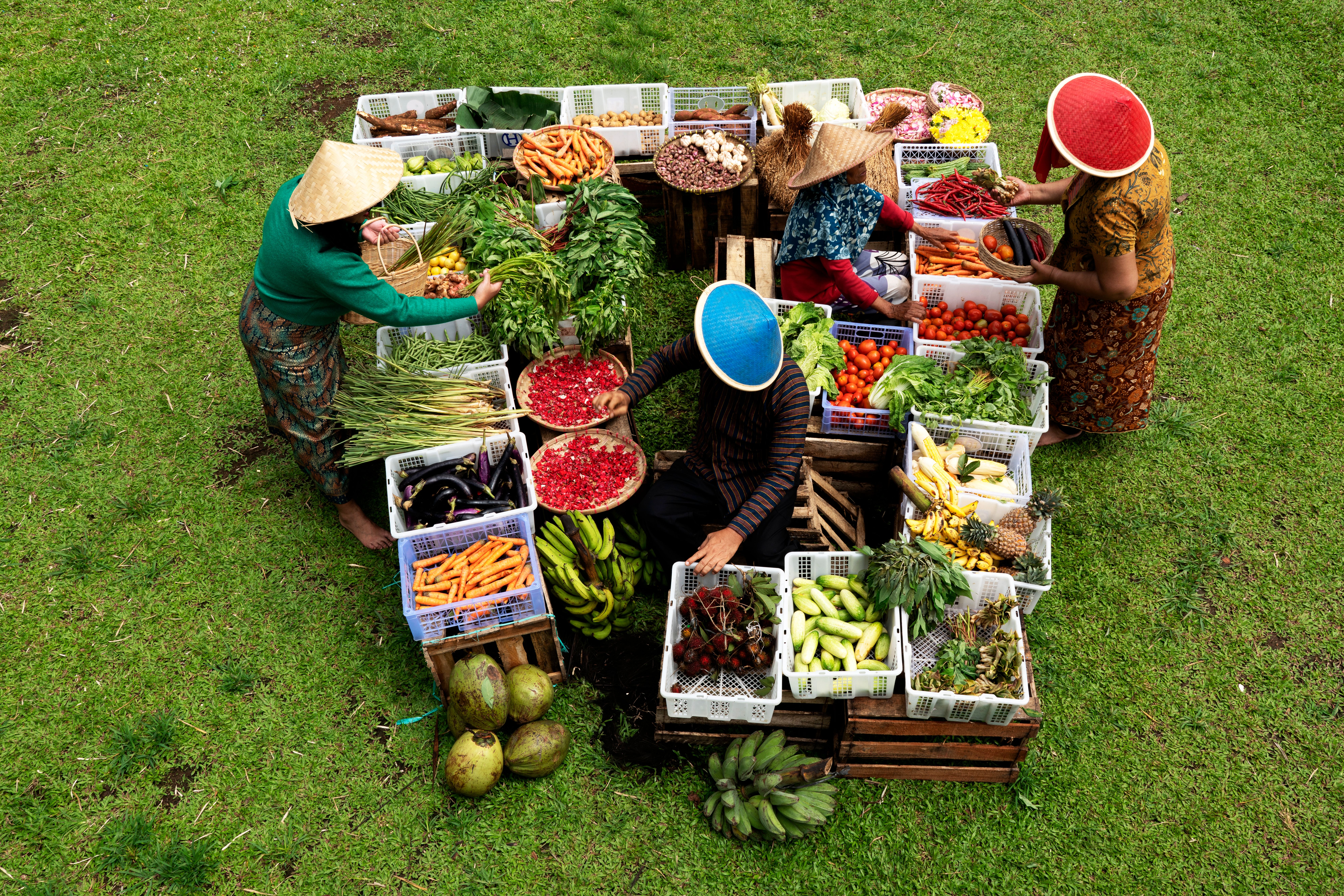 Market vendors arrange fresh produce and vegetables outdoors in a vibrant scene.