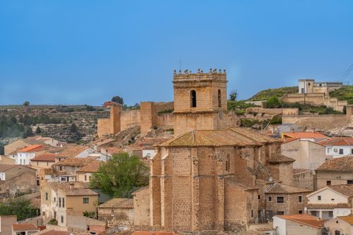Free A scenic view of Jorquera's historic architecture and rustic landscape in Castilla-La Mancha, Spain. Stock Photo