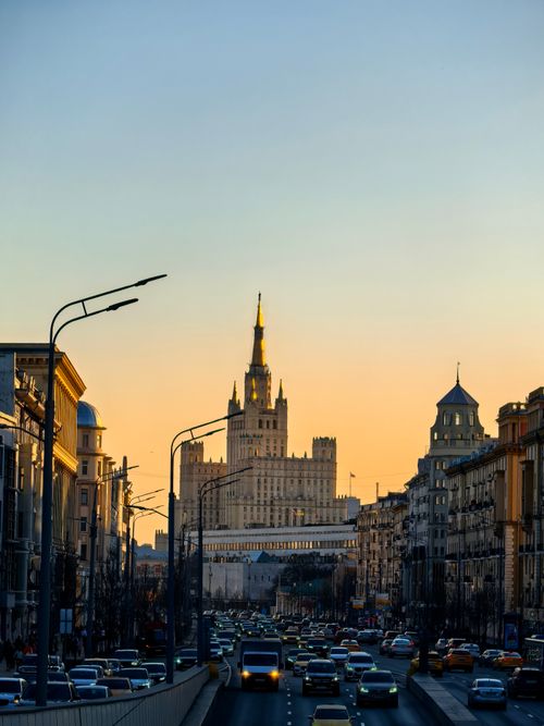 Free Evening view of Moscow with the iconic Kotelnicheskaya Embankment Building. Stock Photo