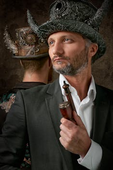 一位身着蒸汽朋克装、手持烟斗的成熟男士，展现出时尚与精致