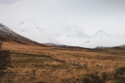 Free Beautiful snowy mountains and grassy fields in Iceland. Stock Photo