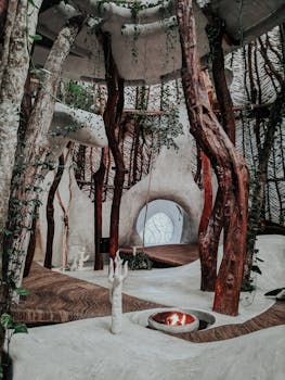 An artistic indoor space featuring natural wood beams and minimalist design elements.
