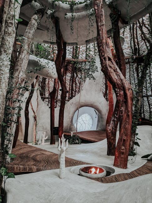 An artistic indoor space featuring natural wood beams and minimalist design elements.