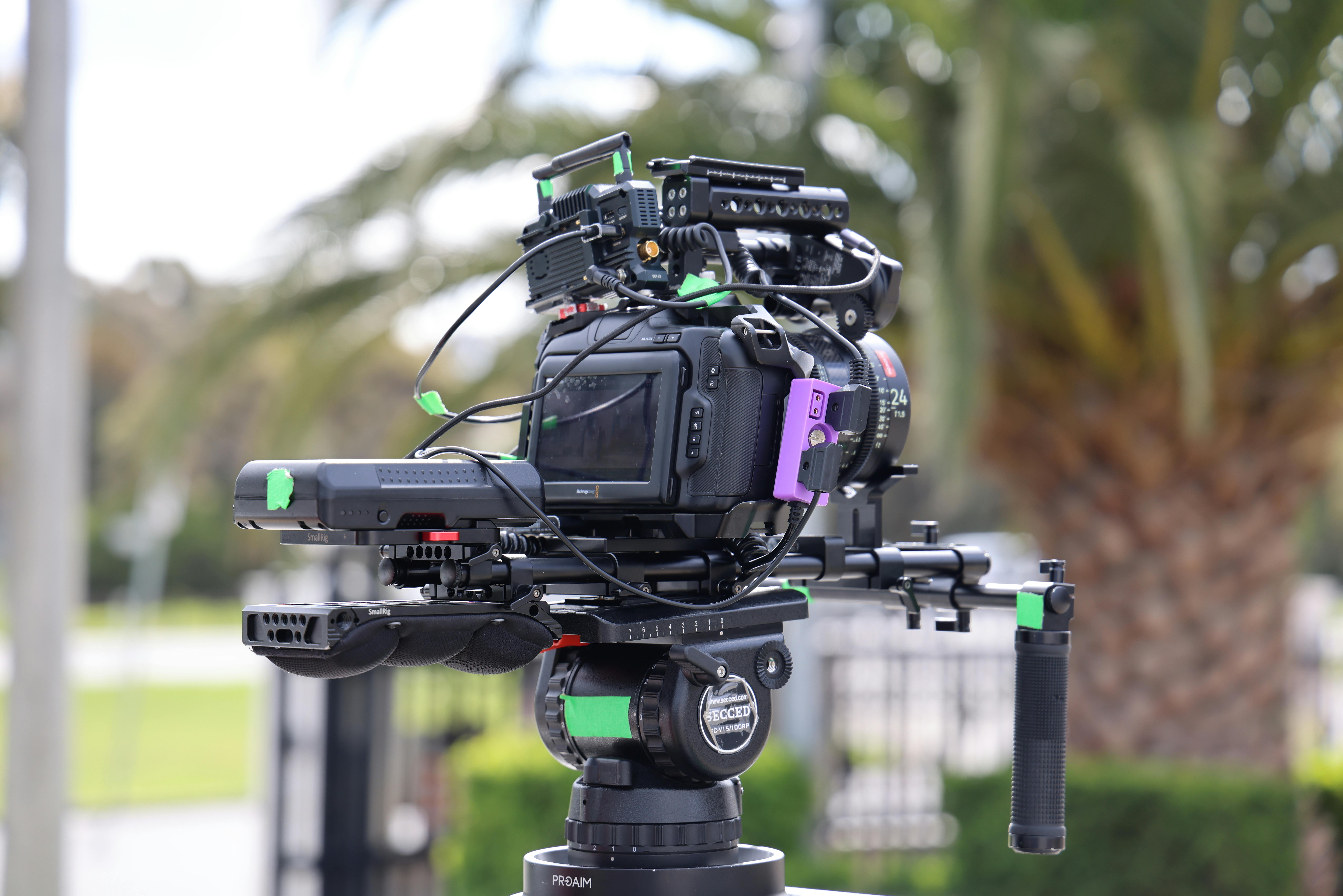 Close-up of a professional camera on a tripod, set outdoors with palm trees in the background.