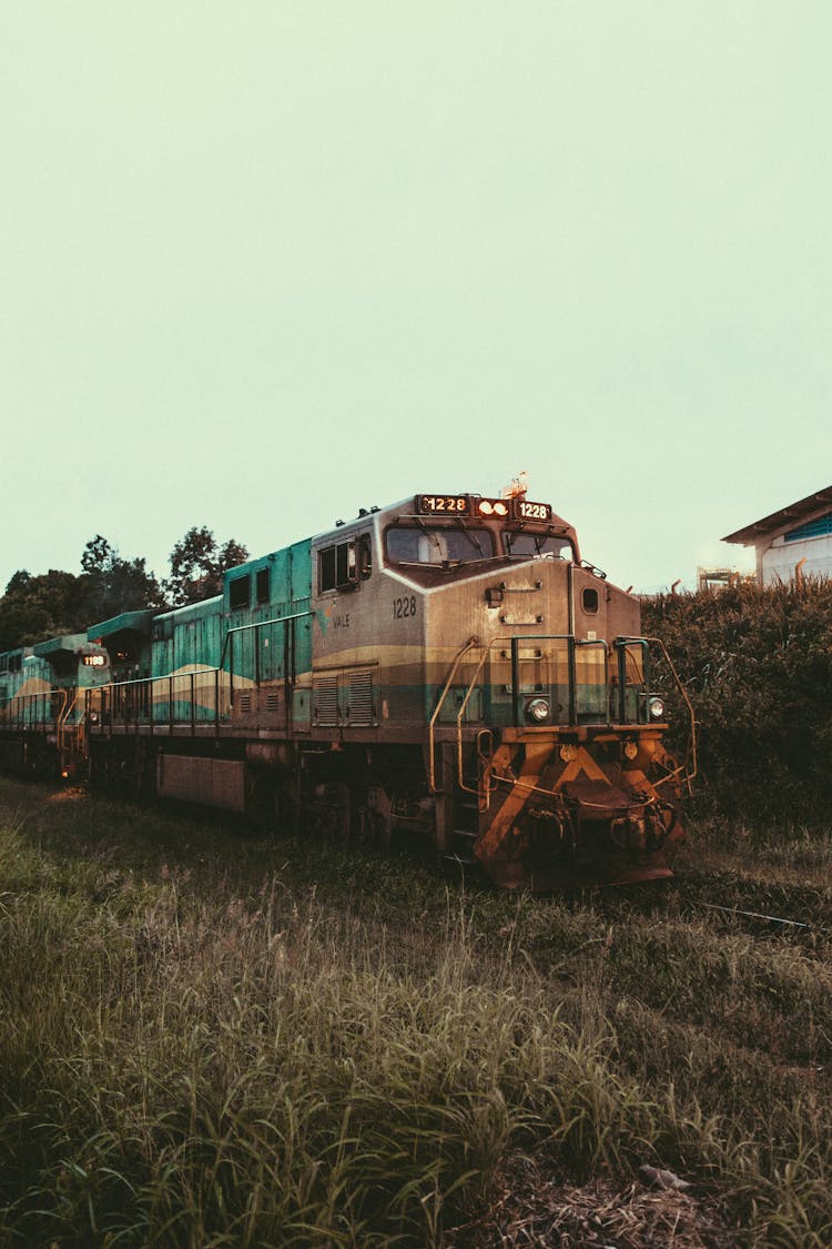 Green And Brown Train On Rail Tracks