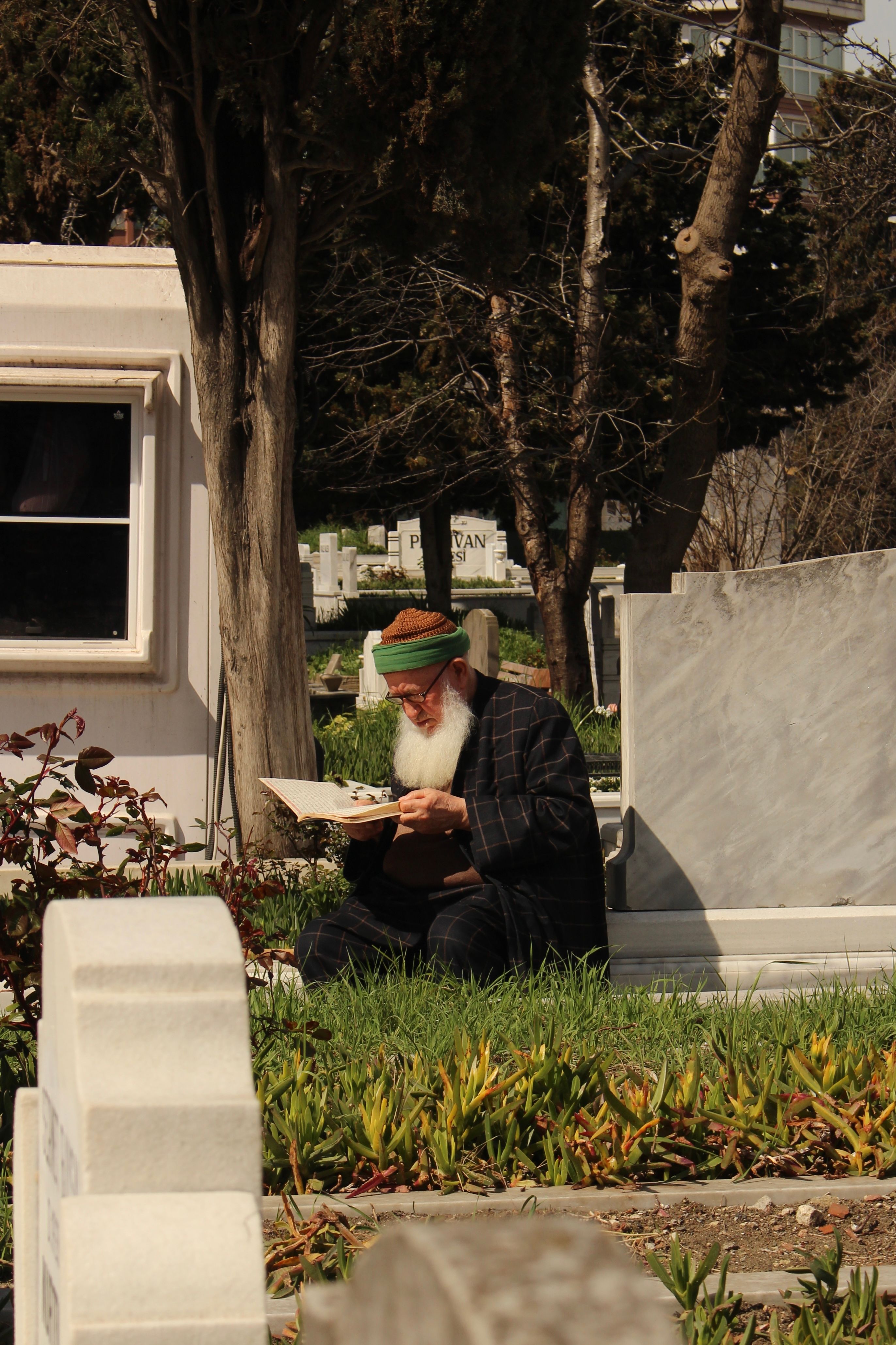 An elderly man in traditional attire reading peacefully at a cemetery under trees.