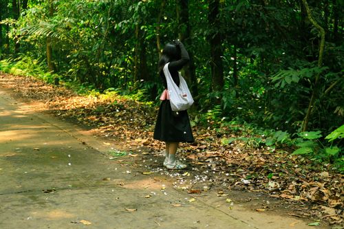 Free A young girl strolls through a lush forest path in Ninh Bình, Việt Nam. Stock Photo