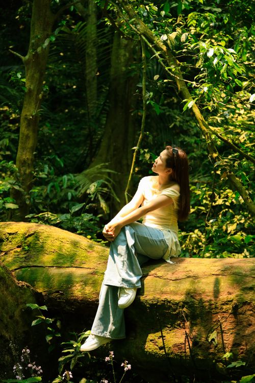 Free A woman in casual attire relaxes on a mossy log in Ninh Bình's lush forest. Stock Photo