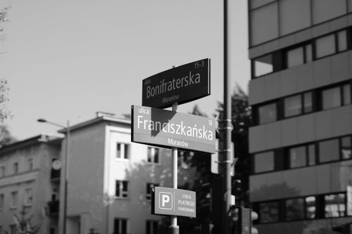 Free Monochrome capture of street signs in Muranów, Warsaw, showcasing urban architecture. Stock Photo