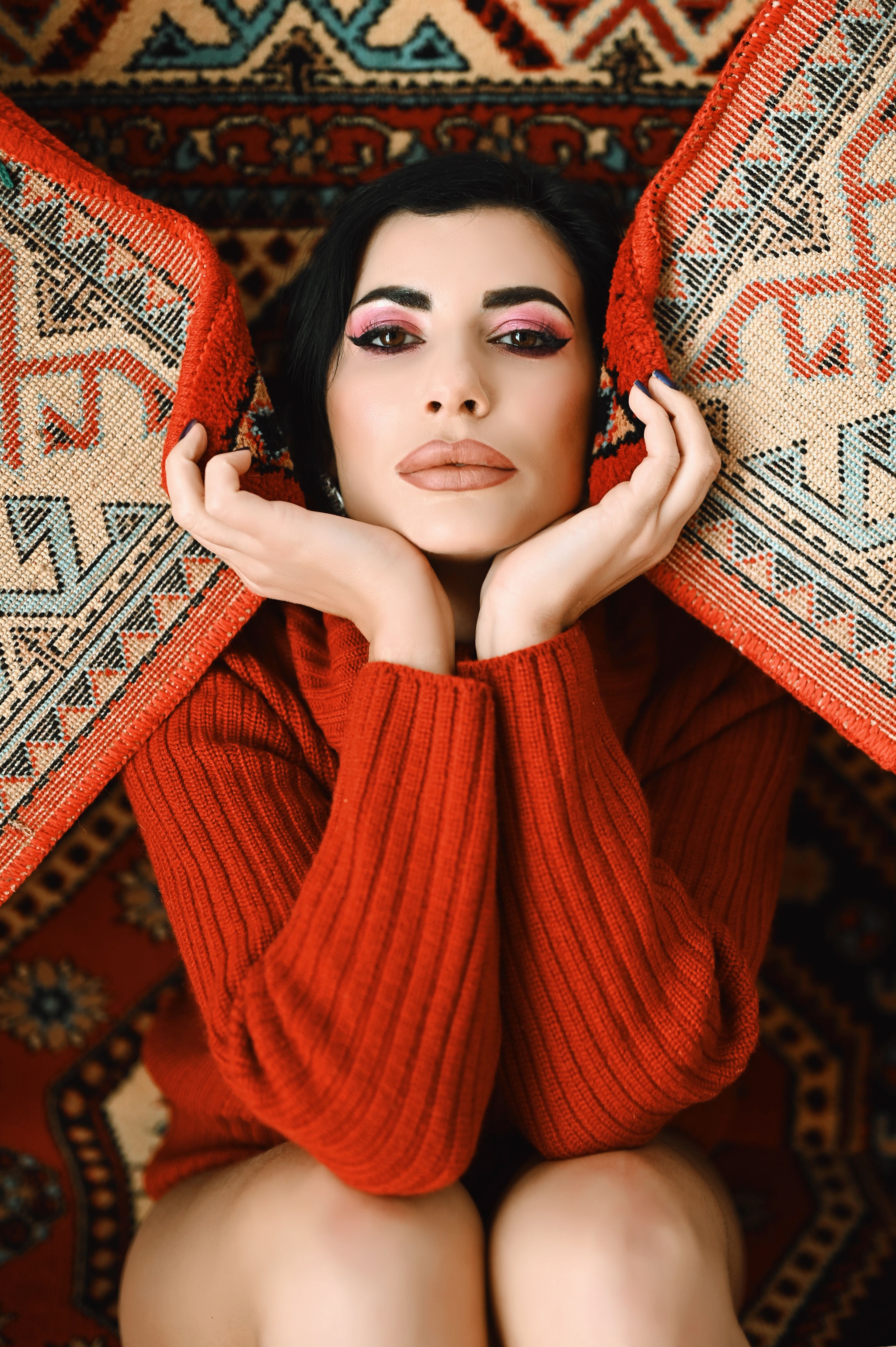 Portrait of Woman in Red with Patterned Background · Free Stock Photo