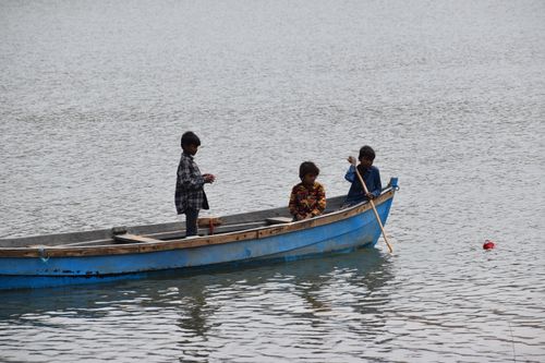 Free Three children rowing a blue wooden boat on a serene lake, capturing the essence of childhood adventure. Stock Photo