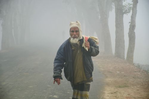 Free An elderly man walks along a foggy road in Rangpur, Bangladesh. Stock Photo