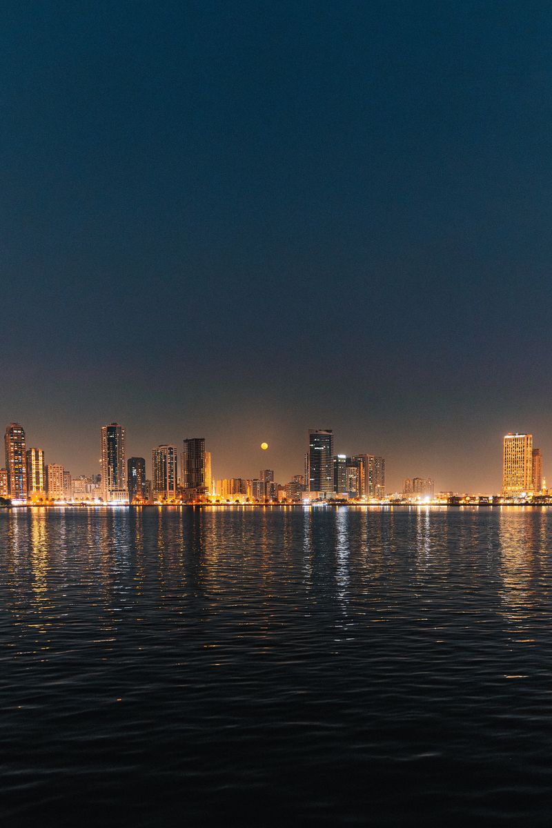 Stunning night view of a city skyline illuminated under a moonlit sky, reflected on a calm body of water.