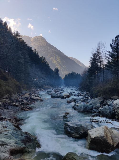 Free Scenic view of a mountain river flowing through a forested valley in Kasol, India, under a bright blue sky. Stock Photo