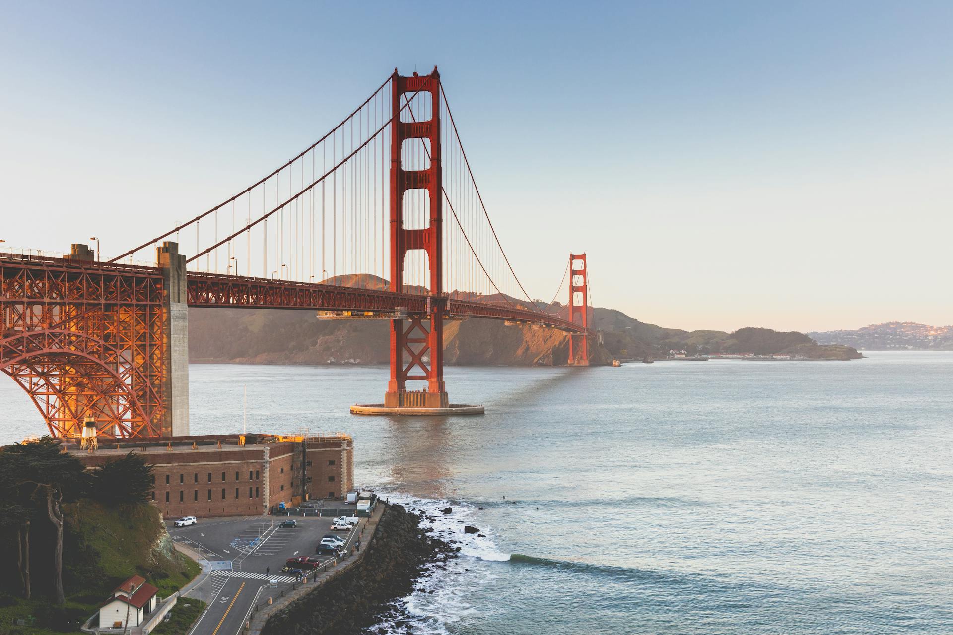 Golden Gate Bridge in San Francisco during sunset with scenic views of the bay.