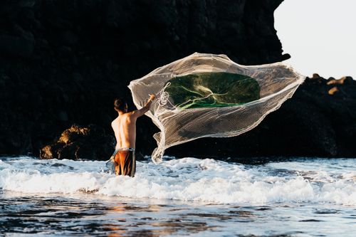 Free A fisherman skillfully casting a net in the shallow ocean waves by rocky cliffs, backlit by the sun. Stock Photo