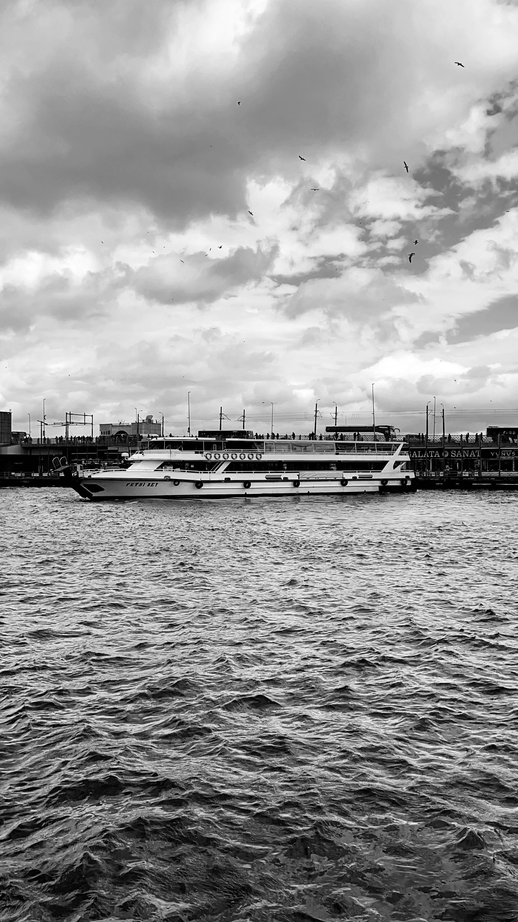 Black and white photo of a passenger ship docked in a harbor under a cloudy sky.