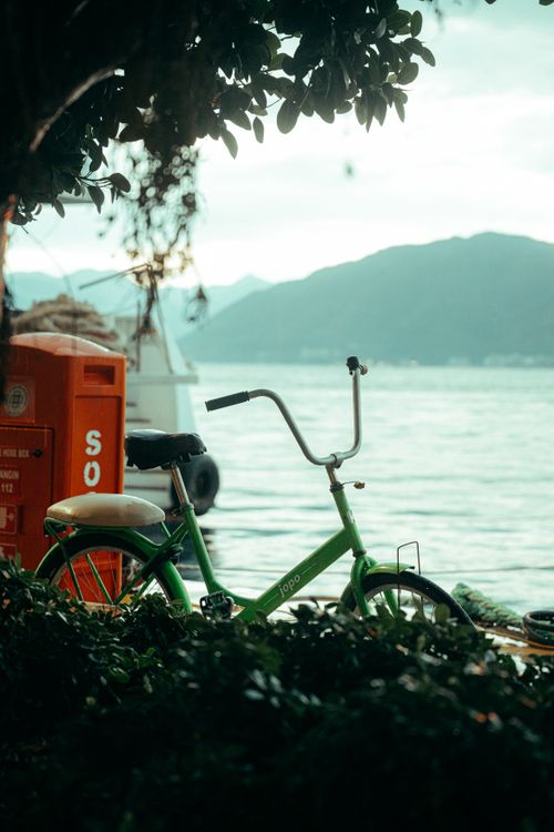 Free A green bicycle parked by a tranquil lakeside, framed by lush greenery. Stock Photo