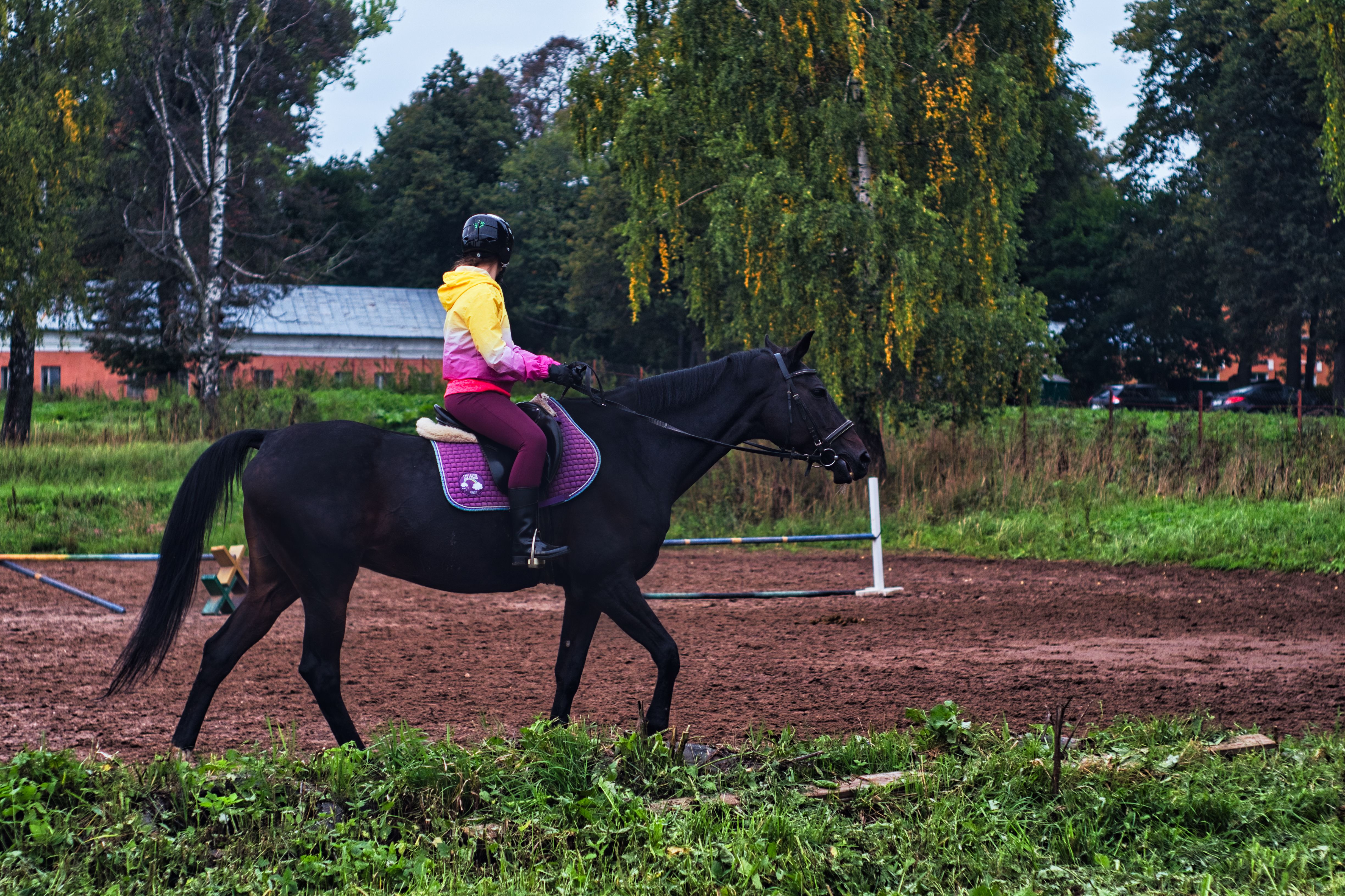A child on horseback wearing colorful attire, riding in an outdoor arena surrounded by trees.