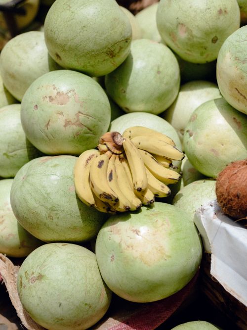 Free Collection of tropical fruits including bananas, coconut, and melons in a Jos, Nigeria market. Stock Photo