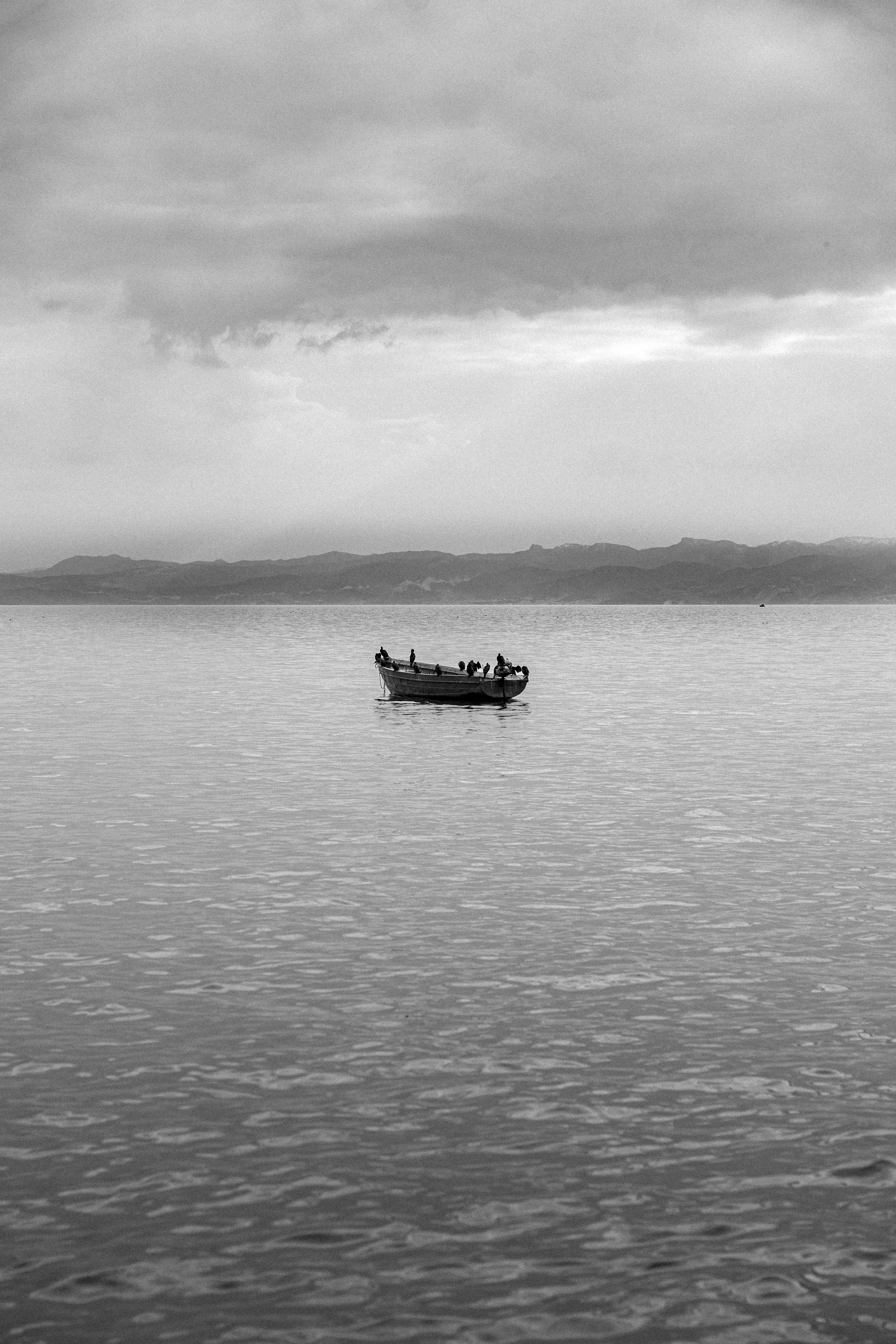 Fotomural Una fotografía serena en blanco y negro de un barco en aguas calmadas con montañas al fondo, Berat, Albania.