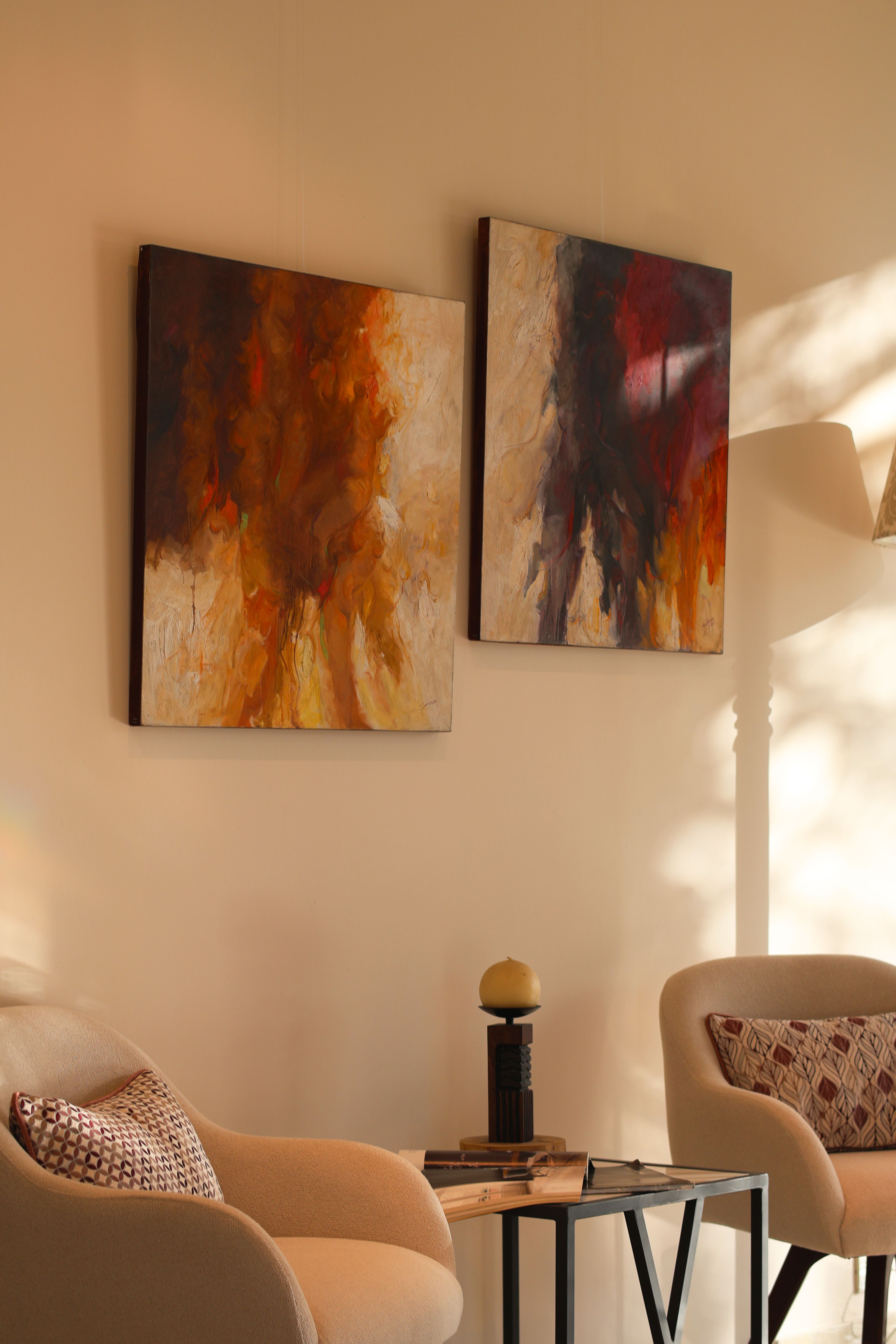 Warm and cozy living room with modern abstract art, capturing a tranquil afternoon atmosphere.