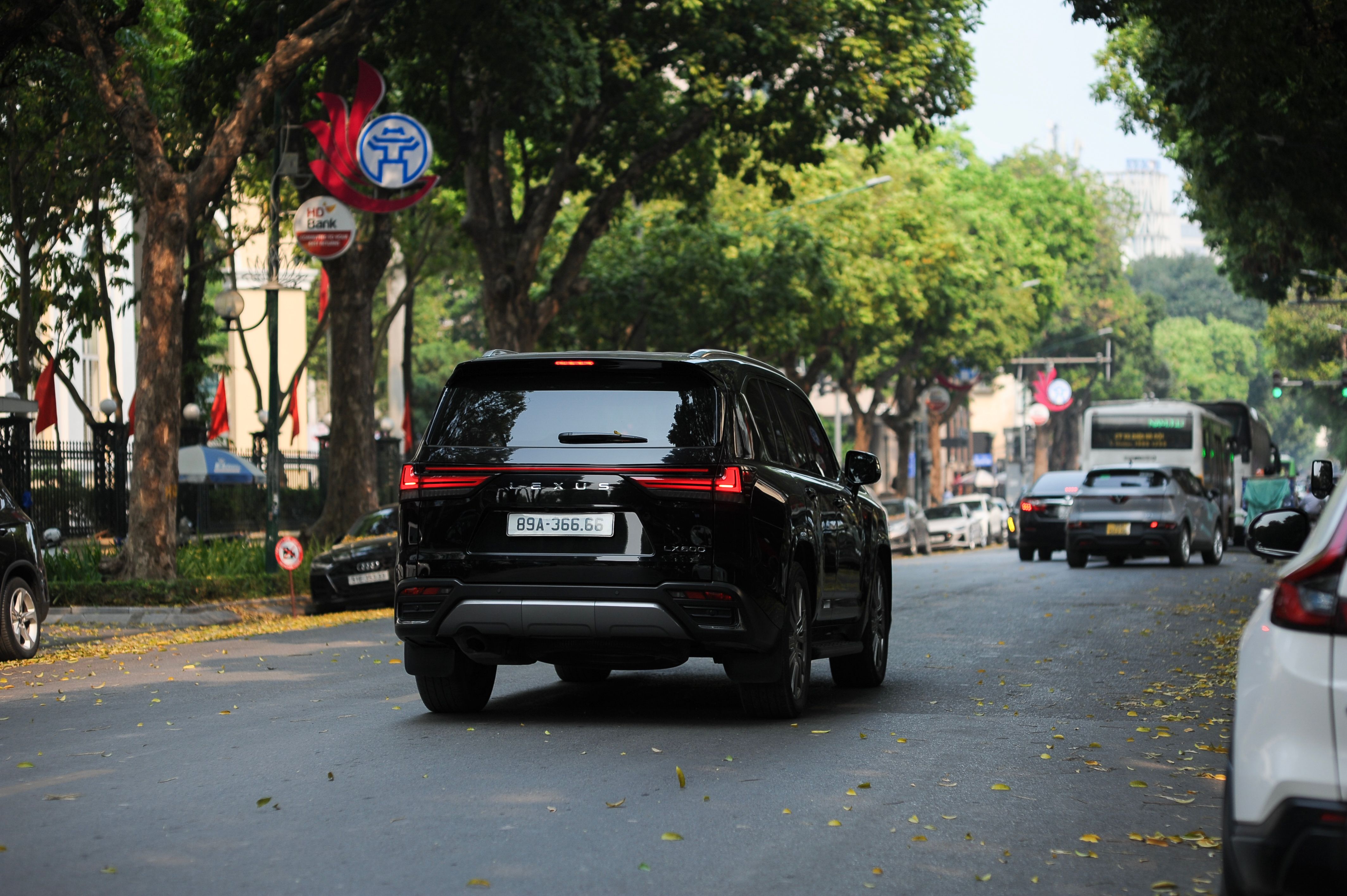 City street with SUVs and traffic under lush trees.