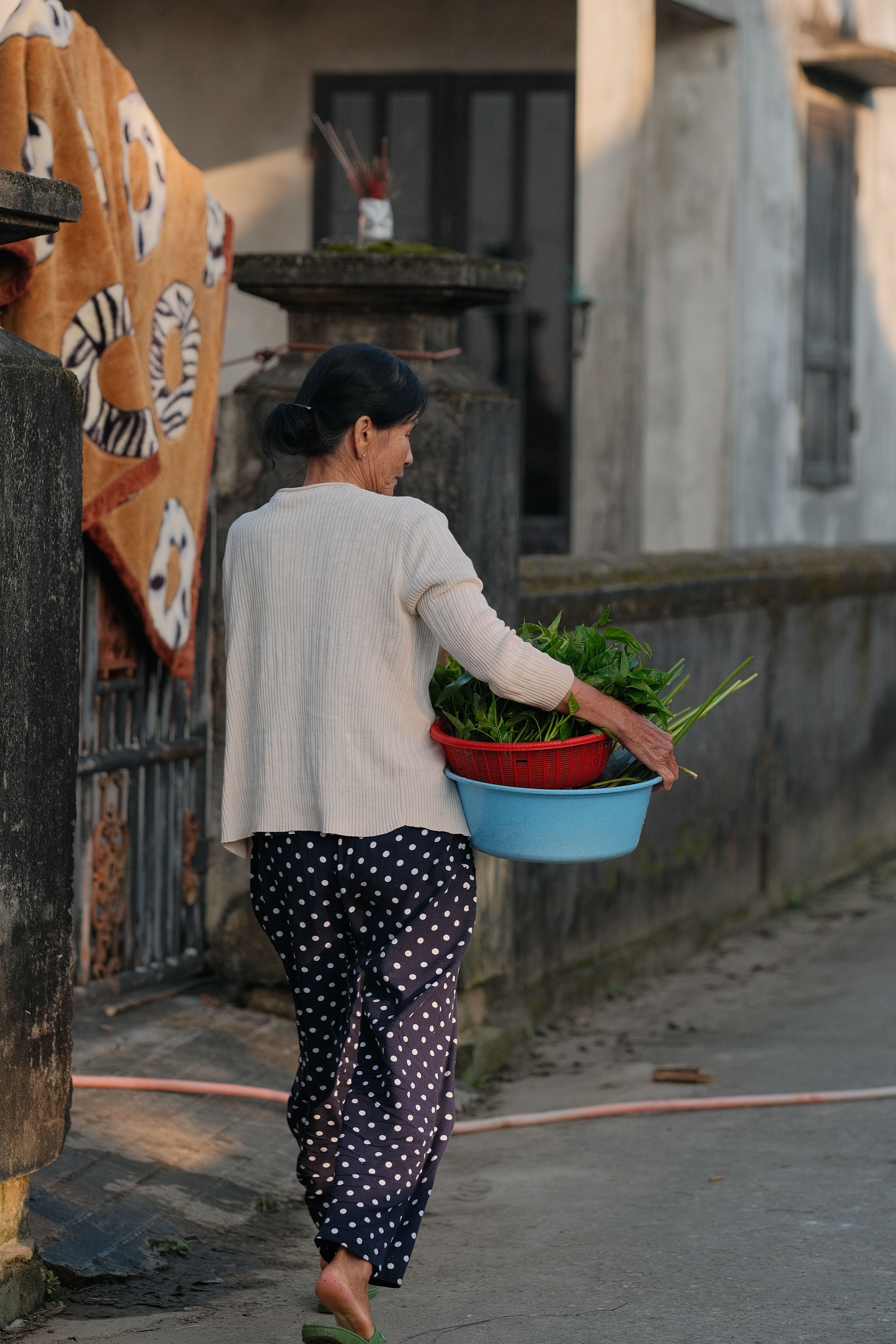 A woman carrying fresh vegetables in a rural setting, showcasing daily life.