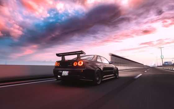 An iconic car speeds on a Japanese highway under vibrant sunset skies in Pippu, Hokkaido.