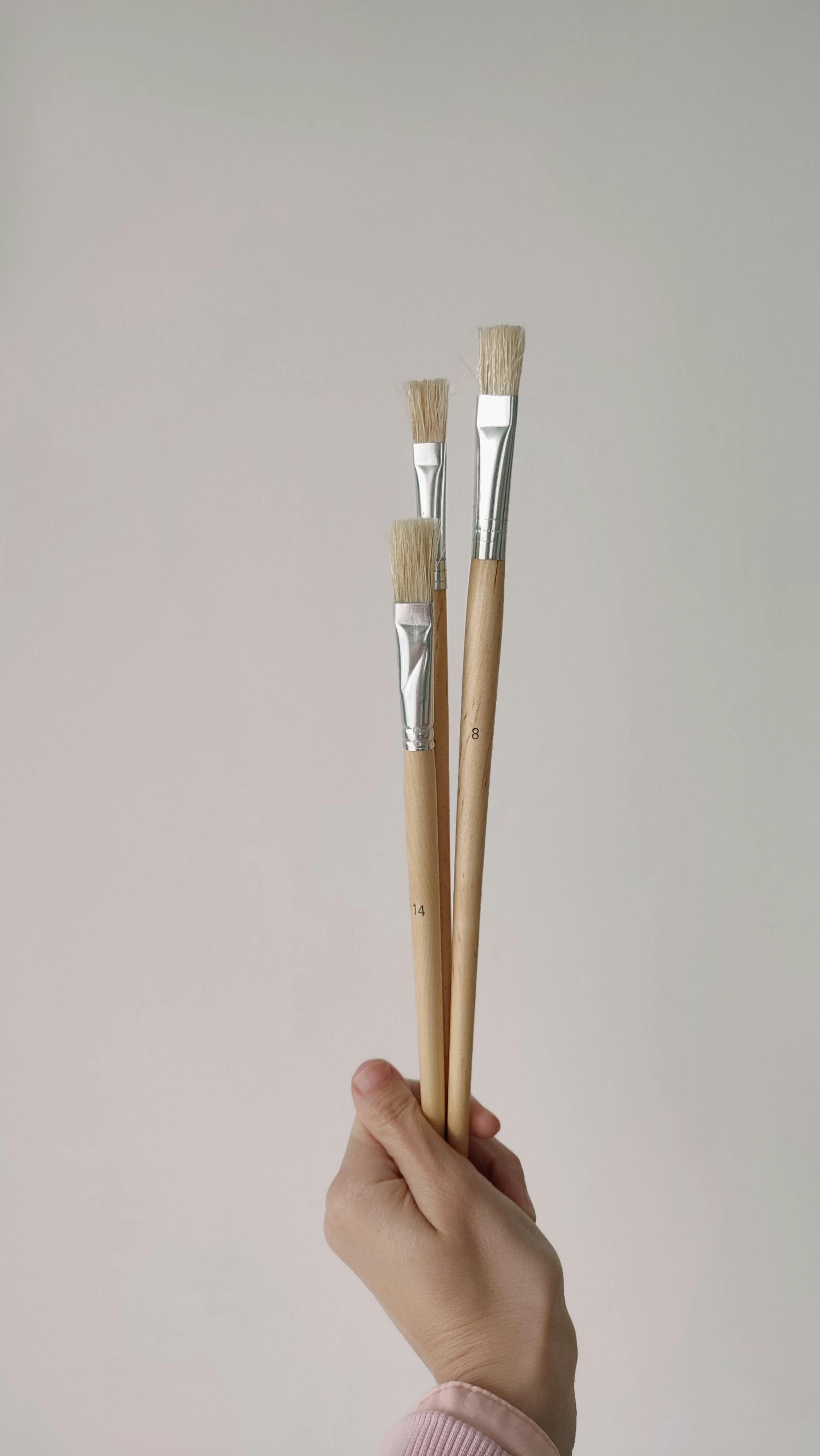 Three natural bristle brushes held in hand against a neutral backdrop.