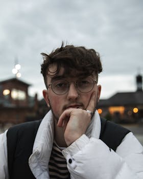 户外年轻人戴眼镜的肖像，展现现代时尚