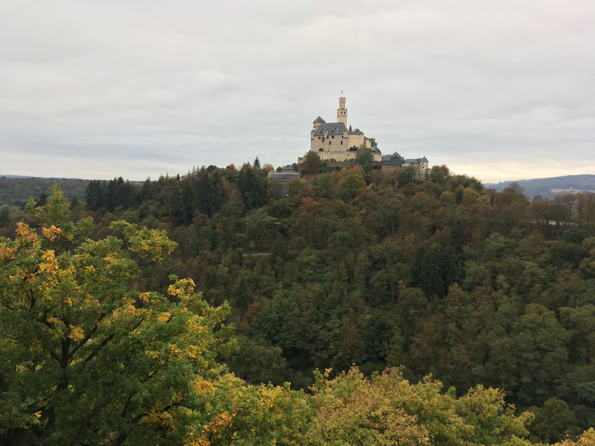 A castle on a forested hilltop in autumn colours under an overcast sky