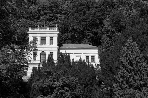 Free Black and white photo of a classic European building surrounded by lush, dense trees. Stock Photo
