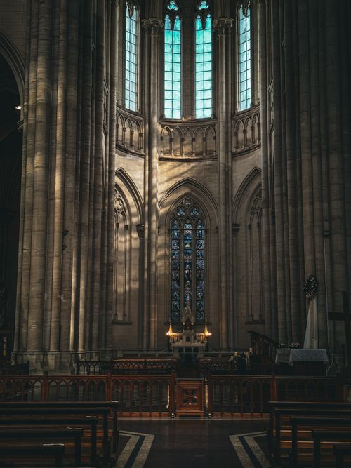 Free Gothic architecture inside the Cathedral of La Plata, Argentina with stunning stained glass windows. Stock Photo