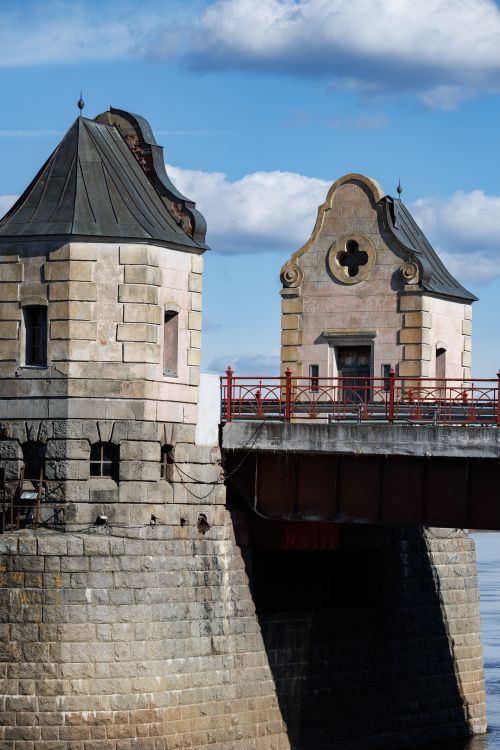 Free Scenic view of historic bridge towers in Sovetsk, Kaliningrad Oblast, Russia. Stock Photo