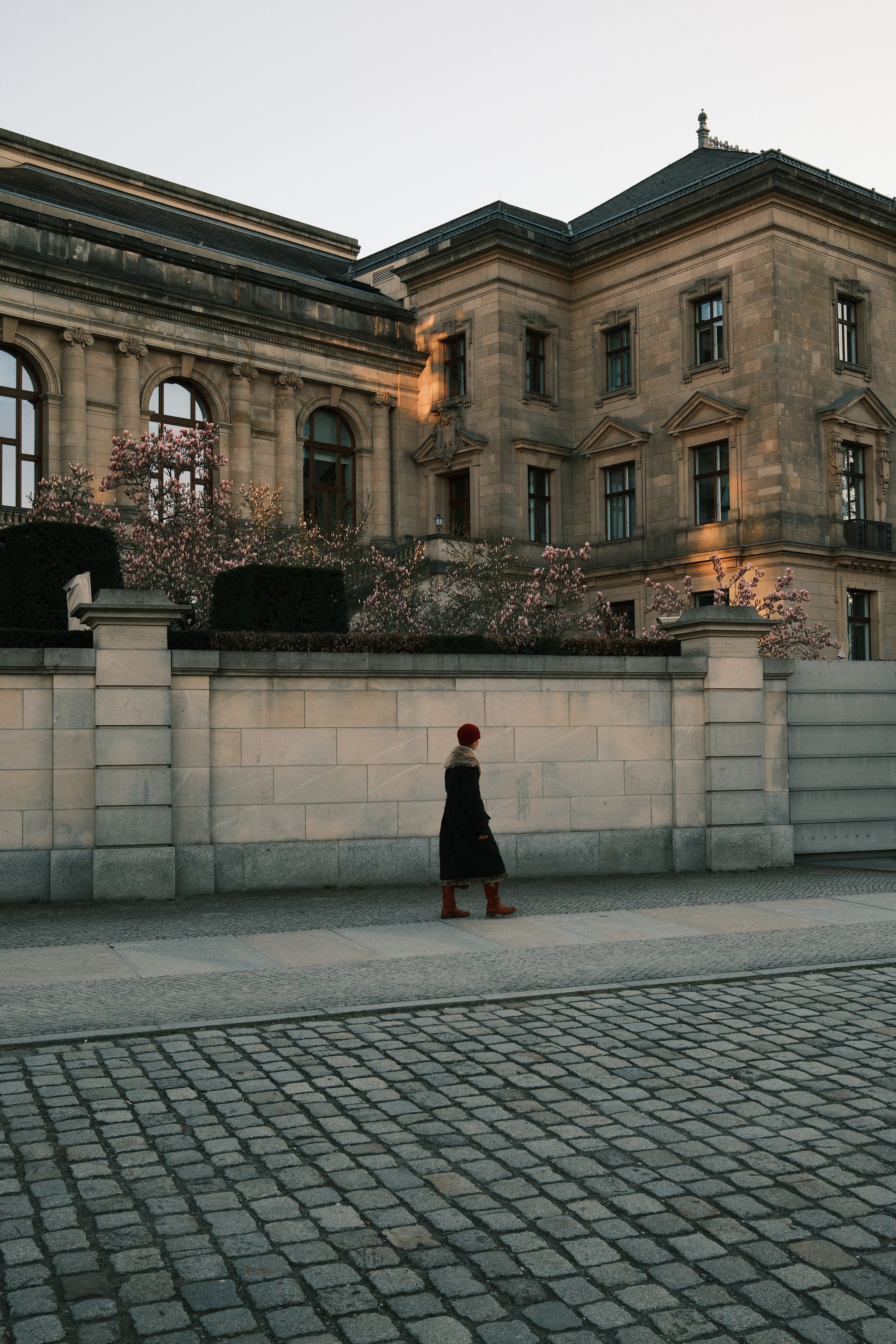 A lone figure walks by a historic building in Berlin, framed by blossoming trees.