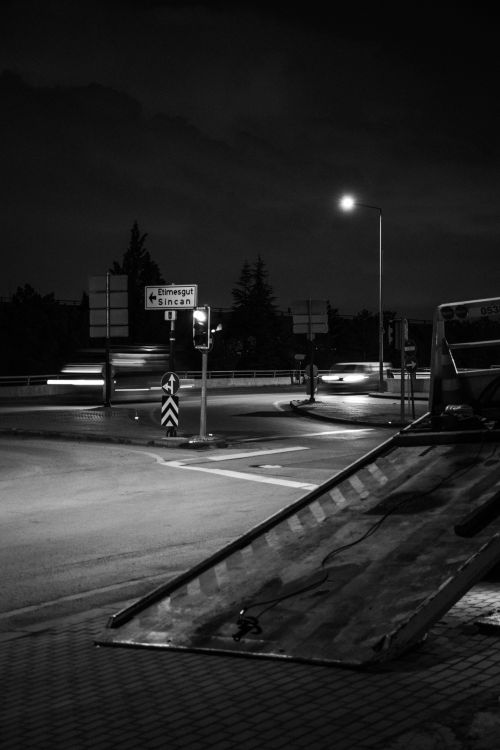 Dark Intersection Black and White Urban Night Intersection Scene · Free Stock Photo