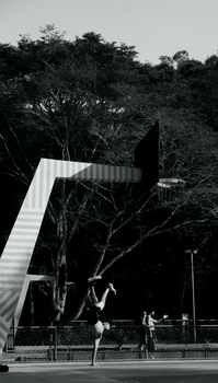 Monochrome outdoor basketball court with people, trees, and dynamic action.