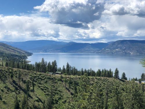 Free A beautiful landscape photograph of Okanagan Lake with lush greenery and dramatic clouds. Stock Photo