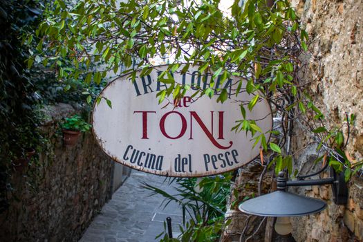 A rustic trattoria sign surrounded by greenery in Grado, Italy, offers an authentic Italian ambiance.