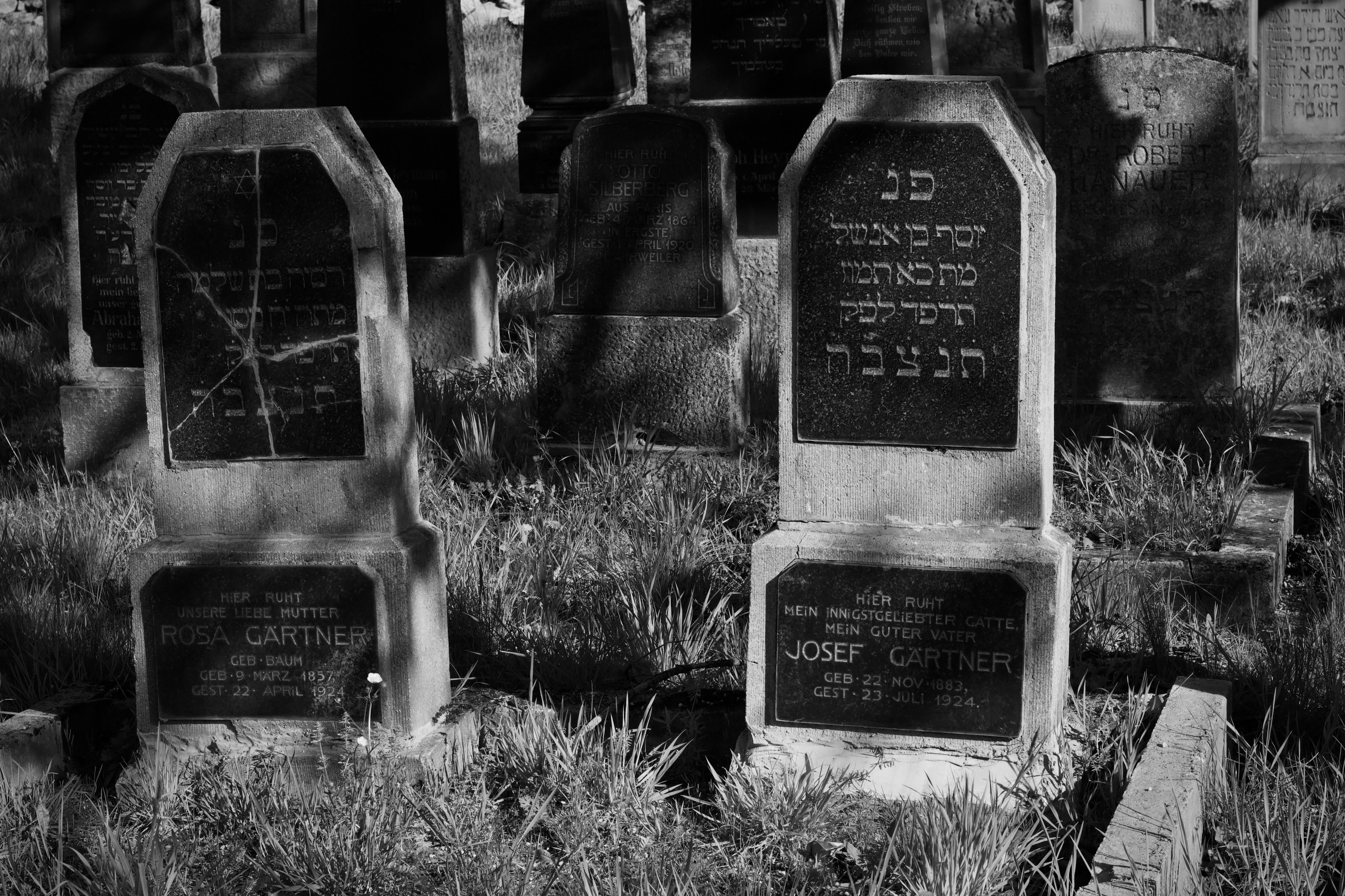 Explore the solemn beauty of old Jewish gravestones captured in monochrome, showcasing historic craftsmanship and heritage.