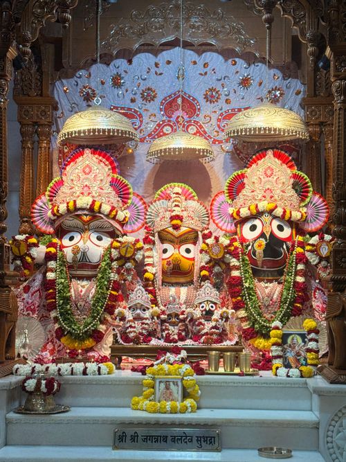 Free Colorful deities of Jagannath, Balabhadra, and Subhadra adorned with garlands inside a temple. Stock Photo